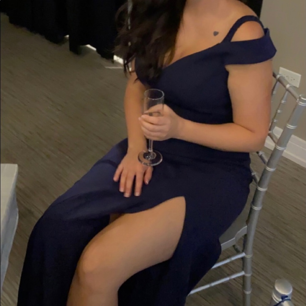 Navy blue formal gown, prom dress, military ball gown.